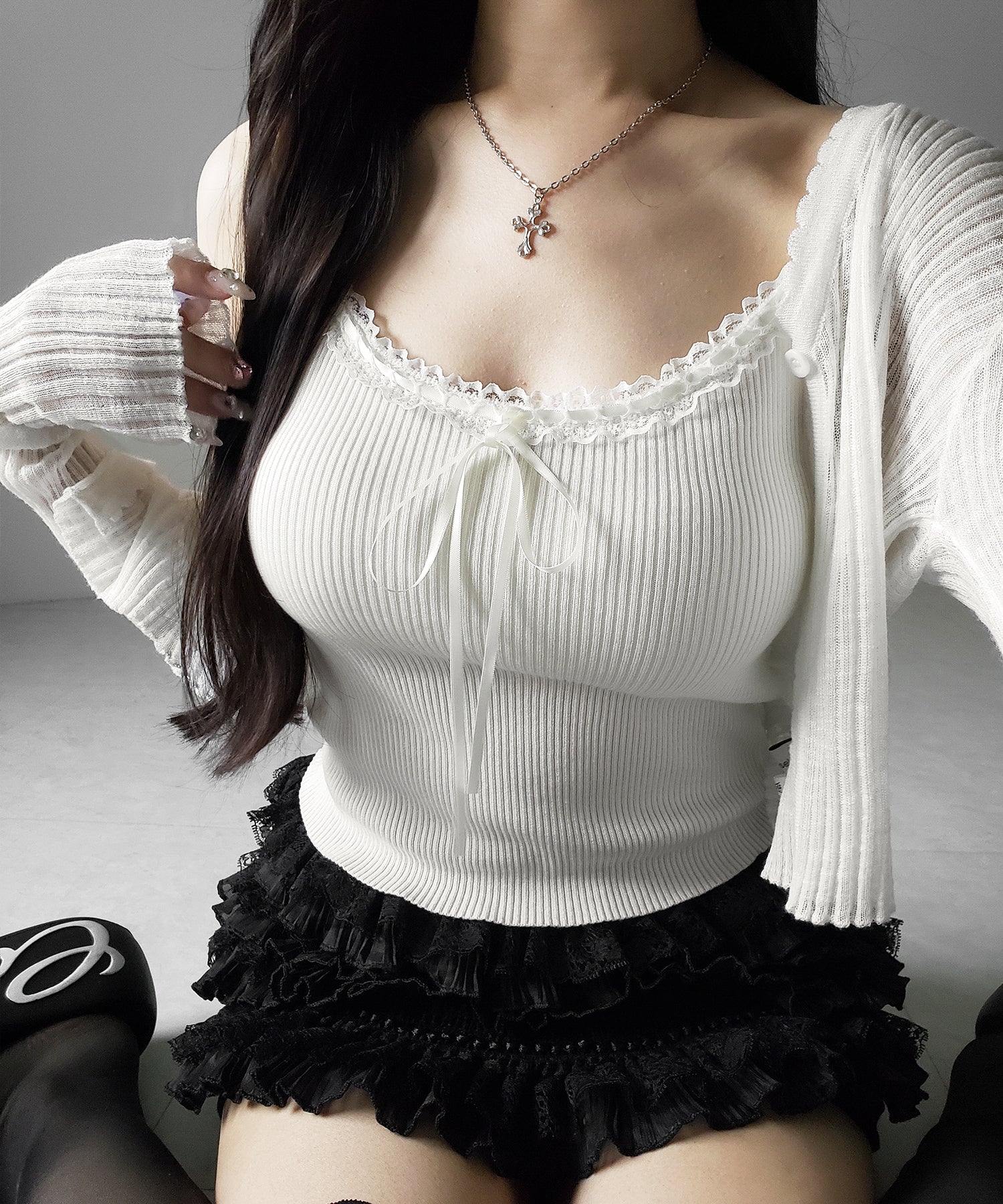 【 ２点セット 】レースリボンニットキャミソール ＋ シアーリブニットカーディガン ／ lace ribbon knit camisole ＋ sheer lib knit cardigan