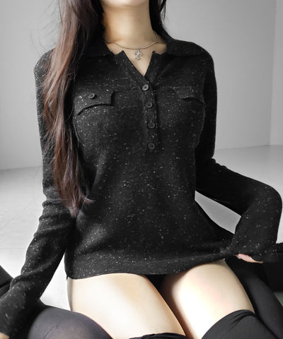 スキッパーボタン長袖ロングニットトップス ／ skipper button long sleeve long sheer knit tops