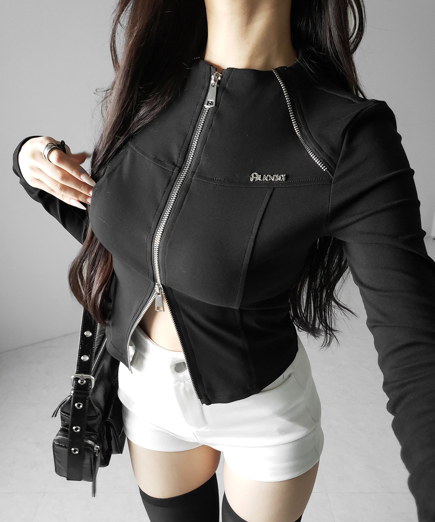 ダブルジップバイカースリムトップス ／ double zip biker slim tops