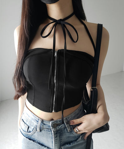 【 ２WAY／ カップ付 】ジップアップクロスストラップリボンベアトップス ／ zip up cross strap ribbon bare tops