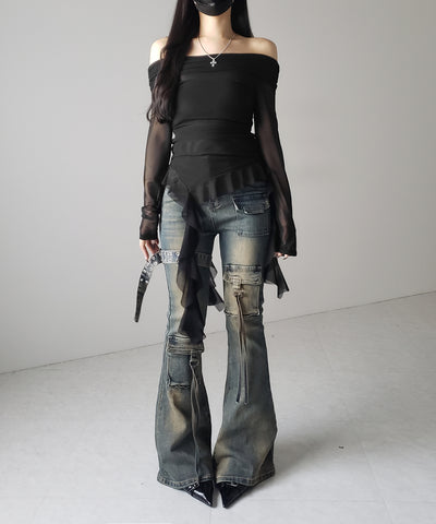 【 ２color 】アシンメトリーフリルオフショルシアートップス ／ asymmetrical frill off-shoulder sheer tops