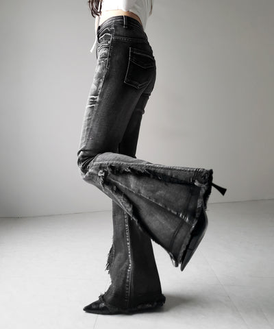 【 ２color ／ ４size 】ヴィンテージライクフリンジストレッチフレアデニム ／ Vintage-like fringe stretch flare denim