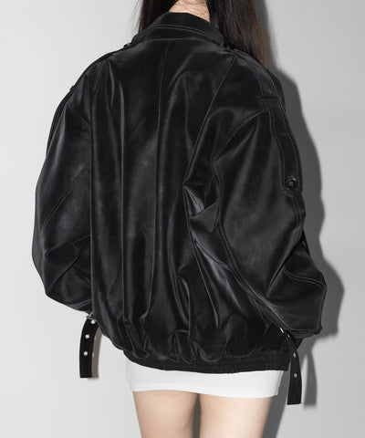 ヴィンテージフェイクレザーベルテッドジップアップオーバーブルゾン ／ Vintage fake leather belted zipup over blouson