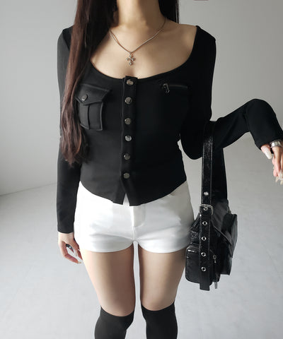 アウトポケットスクエアネック長袖スリムTシャツ ／Out pocket square neck long sleeve slim T-shirt