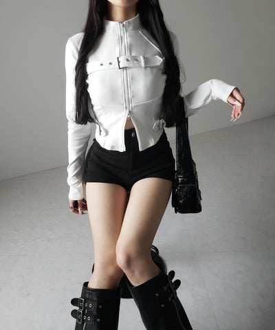 スタンドカラーベルテッドダブルジップスリムトップス ／ stand collar belted double zip slim tops