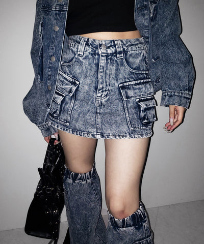【 デニムセットアップ着用可能 】ヴィンテージケミカルブリーチカーゴデニムミニスカパン ／ vintage chemical bleach cargo denim mini skirt pants
