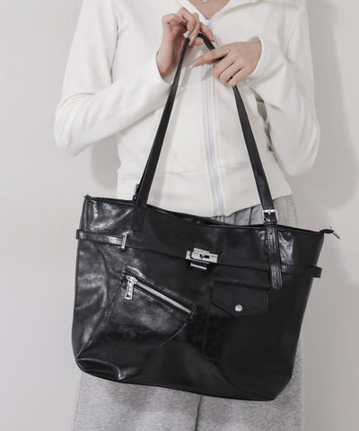 【 A4収納可 】デザインベルトフェイクレザースクエアトートバッグ ／ design belt fake leather square tote bag