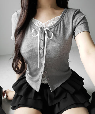 フロントリボンレースレイヤード半袖リブトップス ／front ribbon lace layered short sleeve rib tops