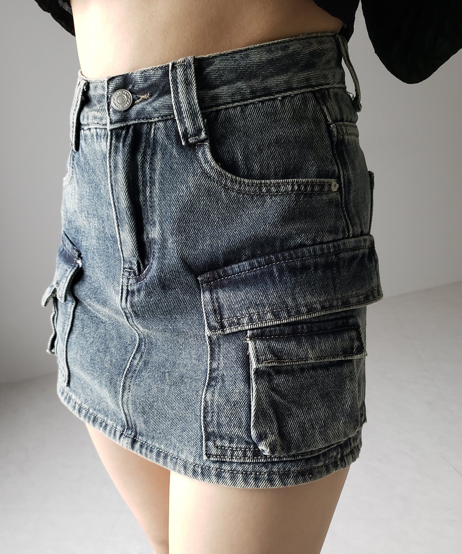 【 ３size ／ ２color 】ダブルポケットヴィンテージカーゴデニムミニスカパン ／ double pocket vintage cargo denim mini skirt pants