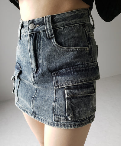 【 ３size ／ ２color 】ダブルポケットヴィンテージカーゴデニムミニスカパン ／ double pocket vintage cargo denim mini skirt pants