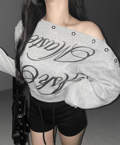 レタリングロゴワンショルスウェットトップス ／ Lettering logo one-shoulder sweat tops