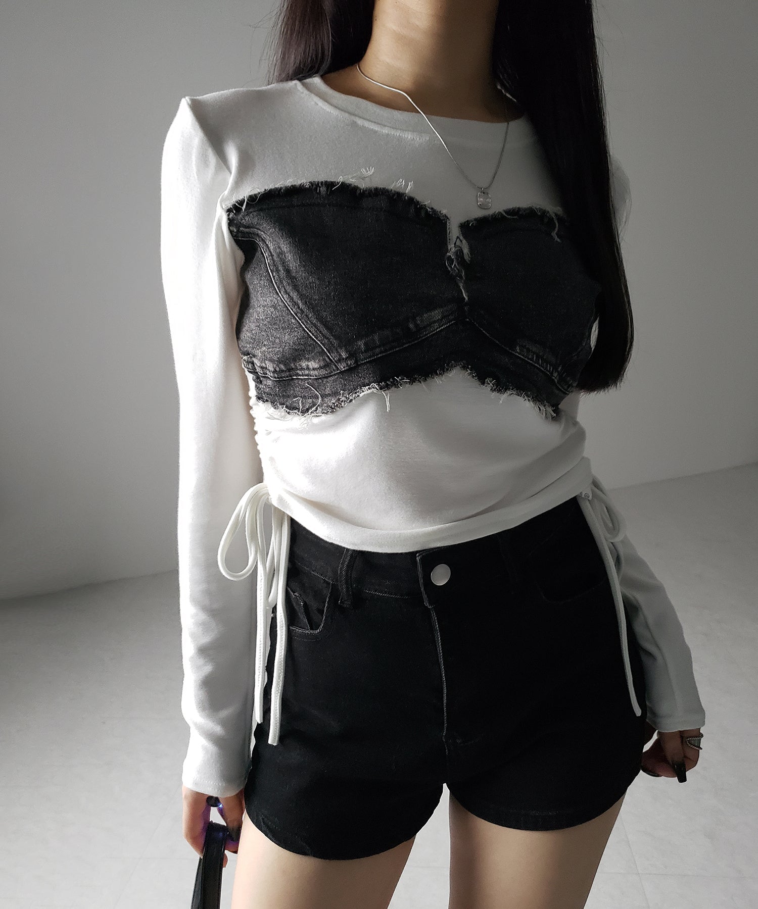 【 ２color 】サイドリボンダメージデニムドッキングＴシャツ ／ side ribbon damage denim docking Tee