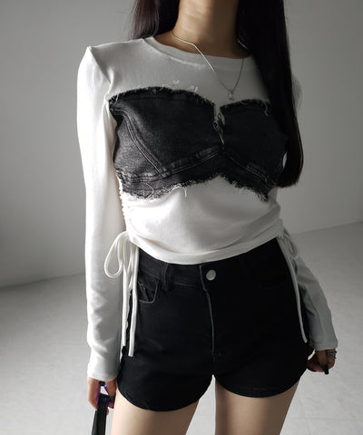 【 ２color 】サイドリボンダメージデニムドッキングＴシャツ ／ side ribbon damage denim docking Tee