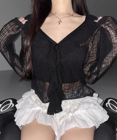 フリルシアールーズニットカーディガン ／ frill sheer loose knit cardigan
