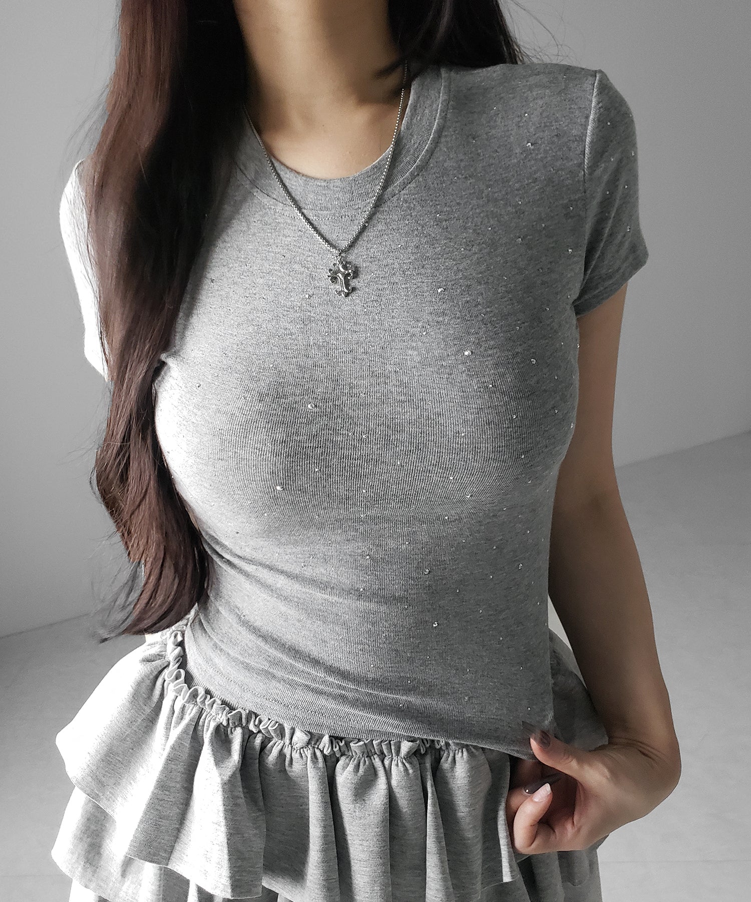 ラインストーン半袖タイトＴシャツ ／ Rhinestone short sleeve tight T-shirt