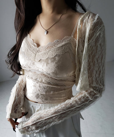 【 カップ付き 】ダブルレースベロアショートビスチェキャミソール ／ double lace velor short bustier camisole