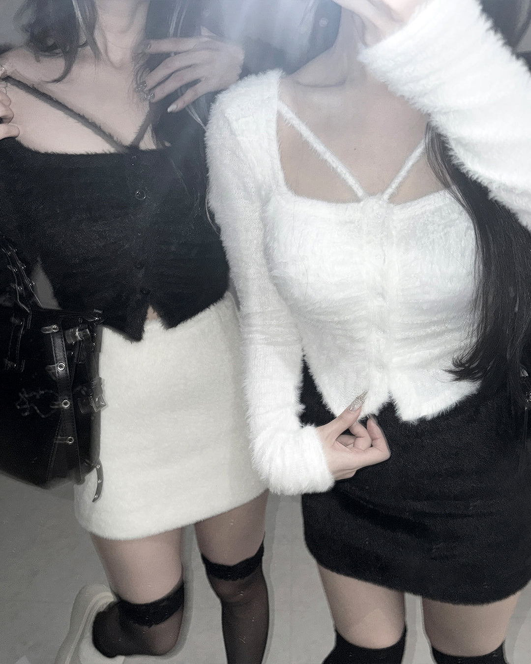 クロスストラップスクエアショートシャギーカーディガン ／ cross strap square short shaggy cardigan