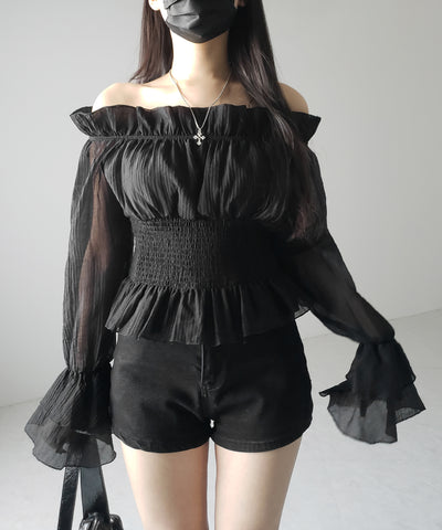 【 ２color ／ ２WAY 】ウエストシャーリングシアーフリルオフショルブラウス ／ waist shirring sheer frill off shoulder blouse