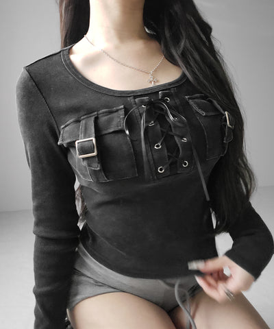 ヴィンテージレースアップアウトポケットスクエアリブロンT ／ vintage laceup outpocket square lib long slleve T-shirts