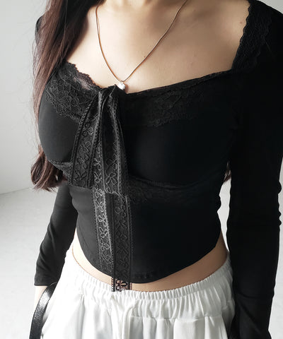 【 ２color ／ ２WAY 】クロスネックレースリボンスクエアカットソートップス ／ cross neck lace ribbon square cutsaw tops