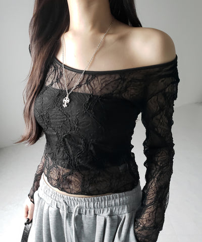 【 ２color ／２WAY 】ワンショルルーズシアーレーストップス ／ one shoulder loose sheer lace tops