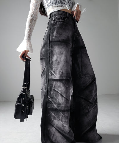 【 ４size 】CRACKクラッシュヘビーブリーチブラックワイドデニム ／ CRACK crash heavy bleach black wide denim