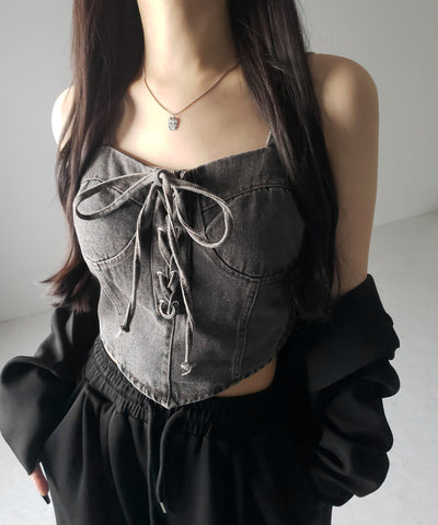 【 ２color 】レースアップリボンコルセットデニムビスチェ ／ lace up ribbon corset denim bustier