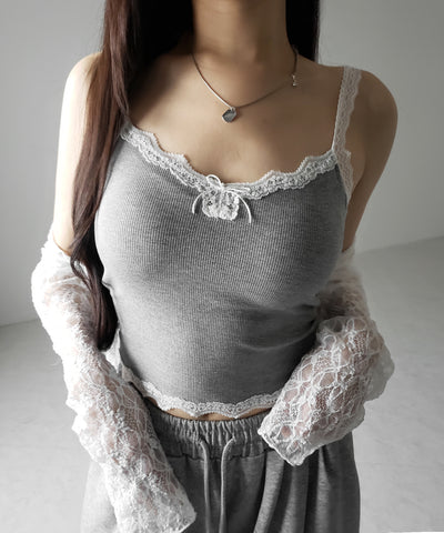 【 ３color 】バイカラーレースクロップドリブキャミソール ／ bicolor lace cropped rib camisole