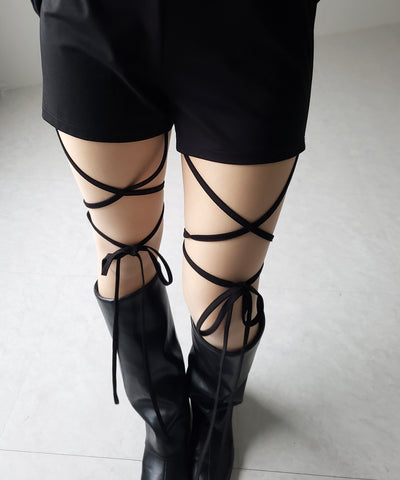 【 セルフカット調節可能 】クロスストラップリボンバイカーレギンスパンツ ／ cross strap ribbon biker leggings pants