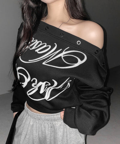 レタリングロゴワンショルスウェットトップス ／ Lettering logo one-shoulder sweat tops