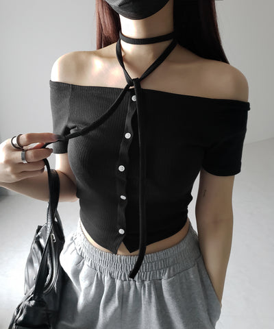 【 ２WAY 】ストラップリボンオフショルダーリブトップス ／ strap ribbon off shoulder rib tops