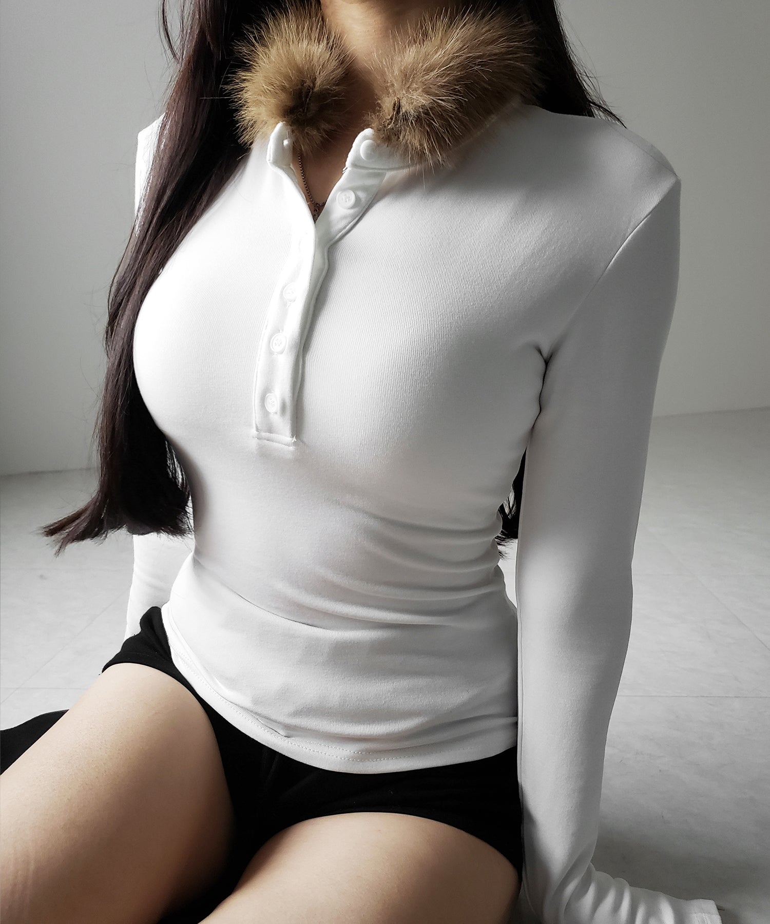 【 裏起毛 】ファーカラーヘンリーネックトップス ／ urakimo fur collar henley neck tops