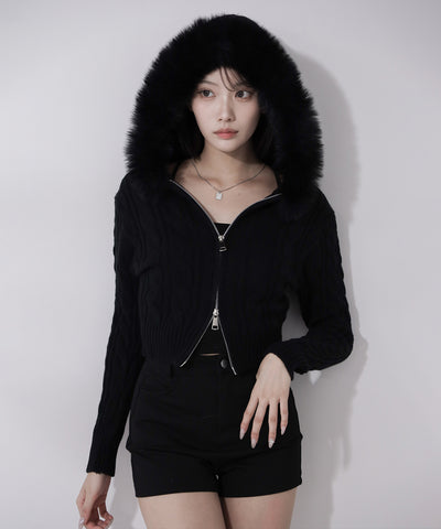 ファーフーディダブルジップショートニットパーカー ／ Fur hooded double zip short knit hoodie