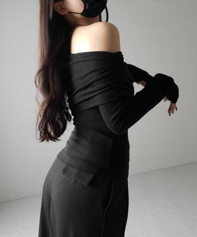 【 ２color ／ 裏起毛 】ワンショルダードレープギャザースリムトップス ／ One-shoulder draped gather slim tops