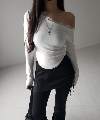【 ２color 】ワンショルダーレースポイントスリムカットソートップス ／ one shoulder lace point slim cutsew tops