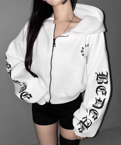 グランジロゴダブルジップショートパーカー ／ grunge logo double zip short hoodie