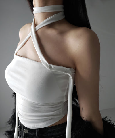 【 ３color ／ カップ付 】ロングチョーカークロスネックキャミソール ／ long choker cross neck camisole