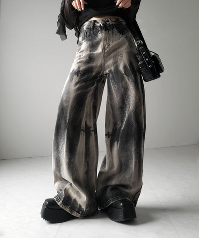 【 ４size 】ヴィンテージタイダイブリーチワイドデニム ／ vintage bleached tie-dye wide denim