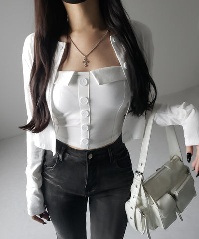 【 2点セット 】フロントボタンベアトップ ＋ クロップドカットソーカーディガン SET ／ front button bare top + cropped cutsaw cardigan SET