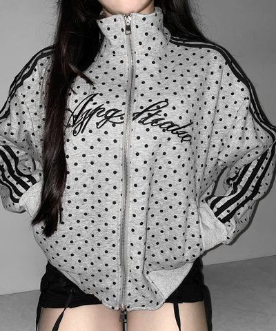 レタリングロゴ刺繍ドットラインオーバースウェットブルゾン ／ lettering logo embroidery dot line over sweat blouson