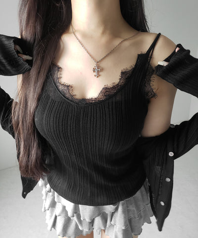 【 ２点セット 】レースニットキャミソール ＋ シアーニットカーディガン SET ／ lace knit camisole + sheer knit cardigan SET