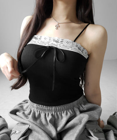 フロントリボンレースショートキャミソール ／ front ribbon lace short camisole