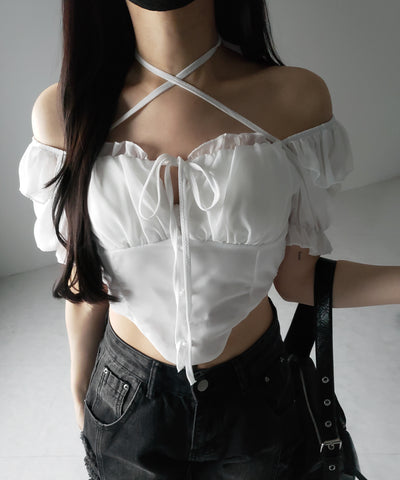 【 ２color ／ ２WAY 】フロントリボンクロスネック半袖シフォンブラウス ／ front ribbon cross neck short sleeve chiffon blouse