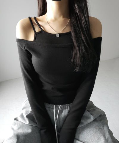 【 ２color 】レイヤードダブルストラップオフショルトップス ／ layerd double strap off shoulder tops