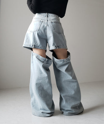 【 選べる３サイズ 】バックオープンカットアウトウォッシュワイドデニム ／ Back open cutout washed wide denim