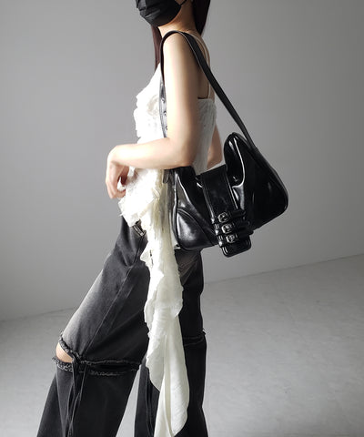 【 ３color 】ベルテッドフェイクレザーショルダーバッグ ／ belted fake leather shoulder bag
