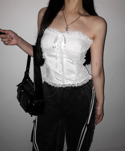 フロントリボンレースフリルコルセットベアトップ ／ front ribbon lace frill corset bare top