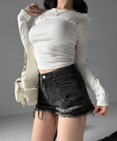 クラッシュダメージダブルフリンジデニムショートパンツ／crash damage double fringe denim short pants