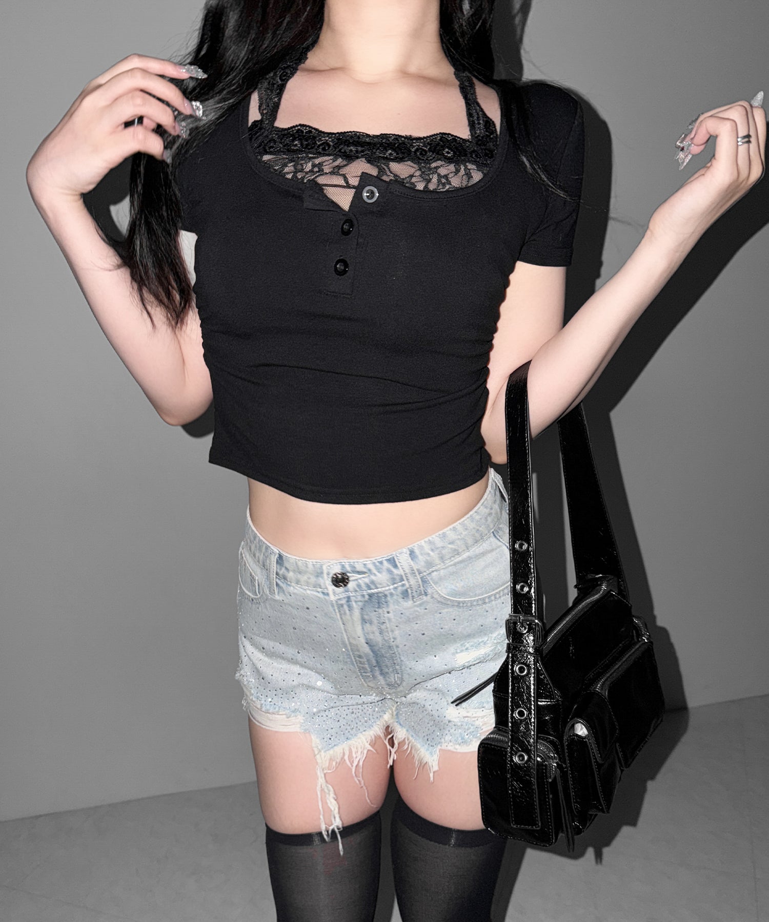 ラインストーンクラッシュダメージデニムショートパンツ／Rhinestone crash damage denim short pants