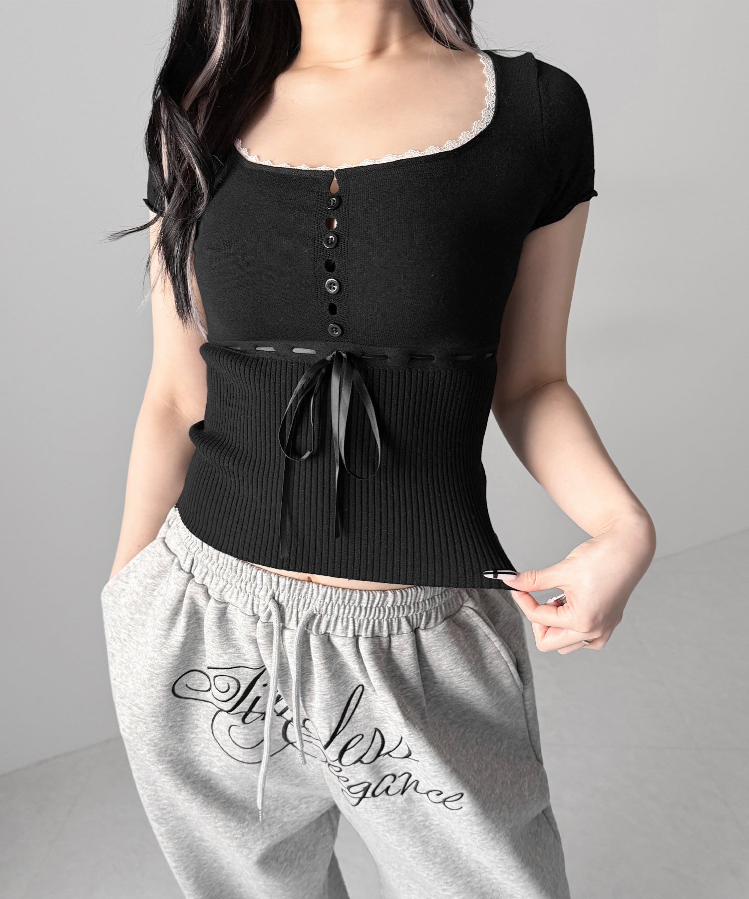 フロントリボンスクエア半袖ニットトップス / front ribbon square short sleeve knit tops